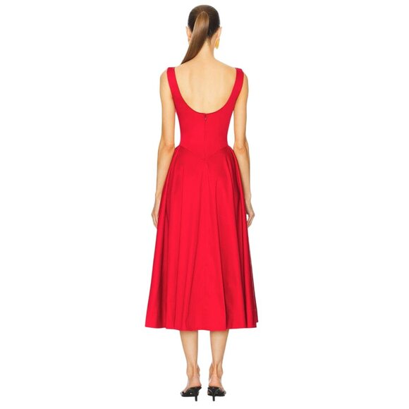 Helsa Stretch Cotton Sateen Midi Dress in Red Small New Womens Aline Fit n Flare - Picture 3 of 16